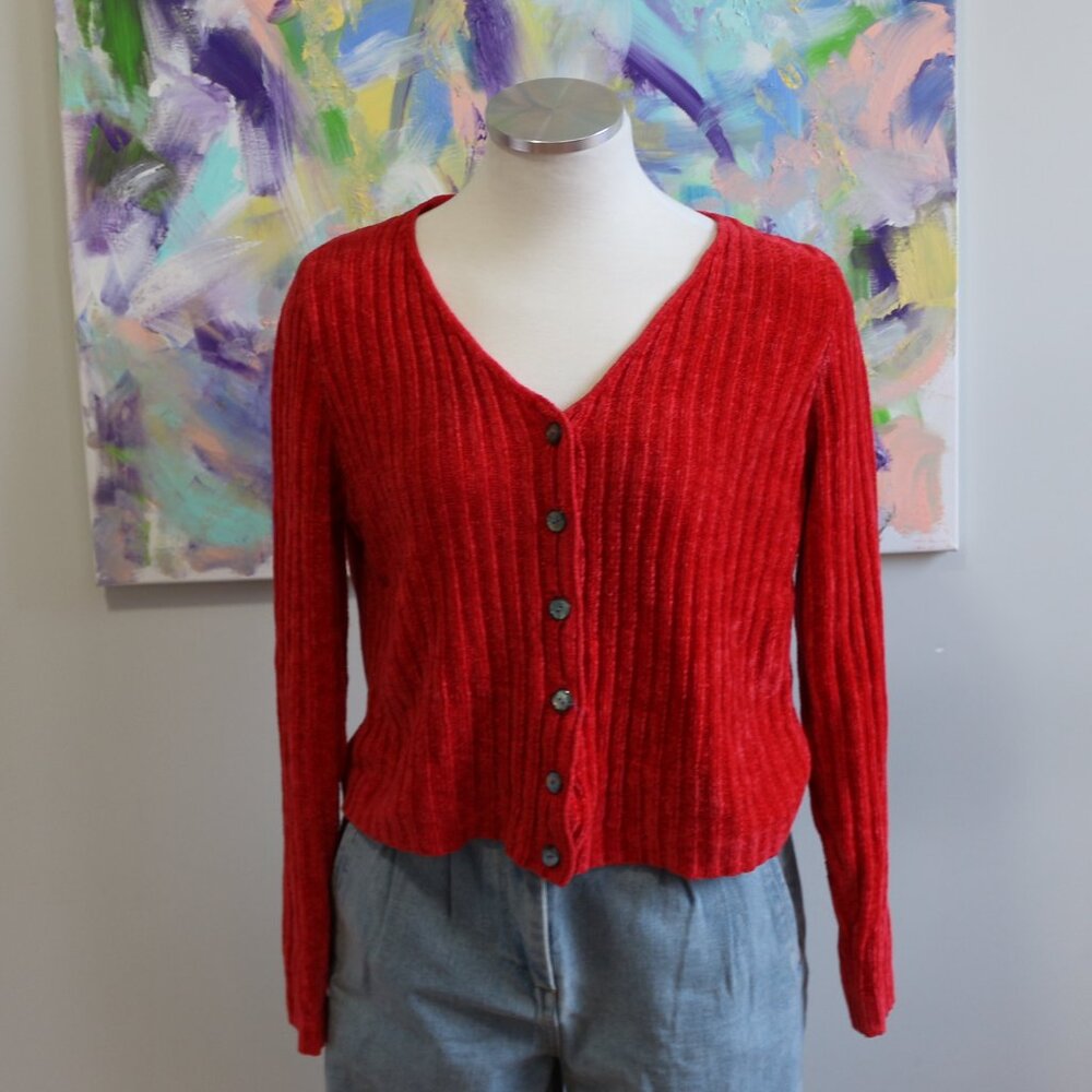 Moda Intl | Red Ribbed Knit Cardigan - Picture 2 of 3